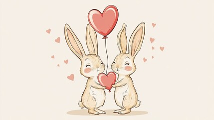 Obraz premium Cute Cartoon Rabbits Holding Heart Balloons Celebrating Love and Affection in a Soft Pastel Background for Valentine's Day or Romantic Themes