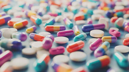 many colorful tablets and pills medicine concept of treatment