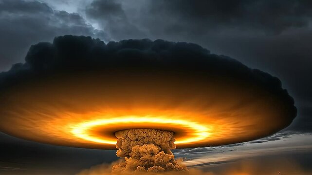 Massive mushroom cloud rises over landscape after nuclear explosion during twilight hours
