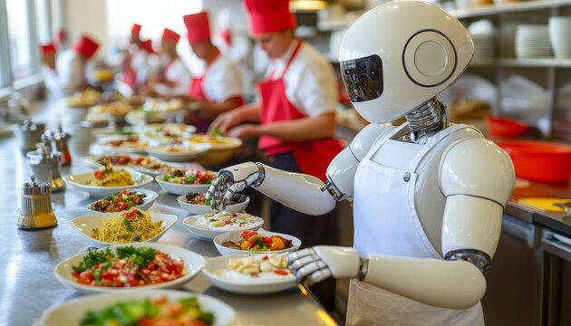 Culinary Automation Robot Chef Plating Gourmet Dishes In A Modern Restaurant Kitchen