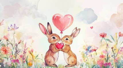 Obraz premium Two Adorable Bunnies Holding a Heart in a Colorful Floral Meadow with Soft Watercolor Background for Love and Spring Themes