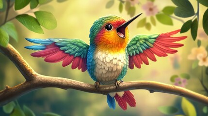Fototapeta premium Colorful Hummingbird with Vibrant Plumage Singing on a Branch Surrounded by Blossoming Flowers in a Lush Green Background of Nature