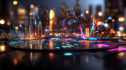 Obraz premium futuristic cityscape with glowing golden skyscrapers, vibrant neon lights, and high tech digital interface creates dynamic and immersive
