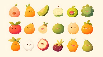 Fruits and animals as social media icons in cute 2D character style