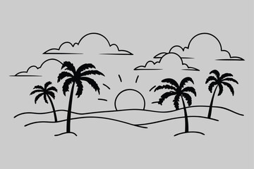 sunset with palms tree line art silhouette design art and illustration