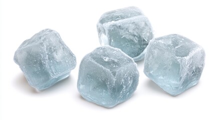 Obraz premium Four ice cubes glisten with a frosty texture, arranged on a white background, showcasing their translucent blue hue.