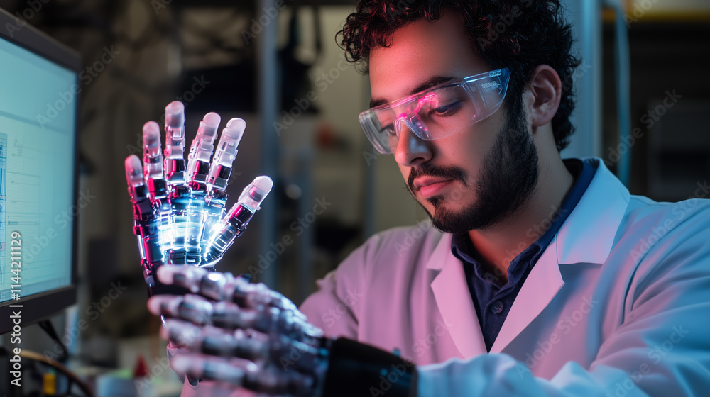 Poster engineer tests robotic hand with advanced technology in a modern lab setting