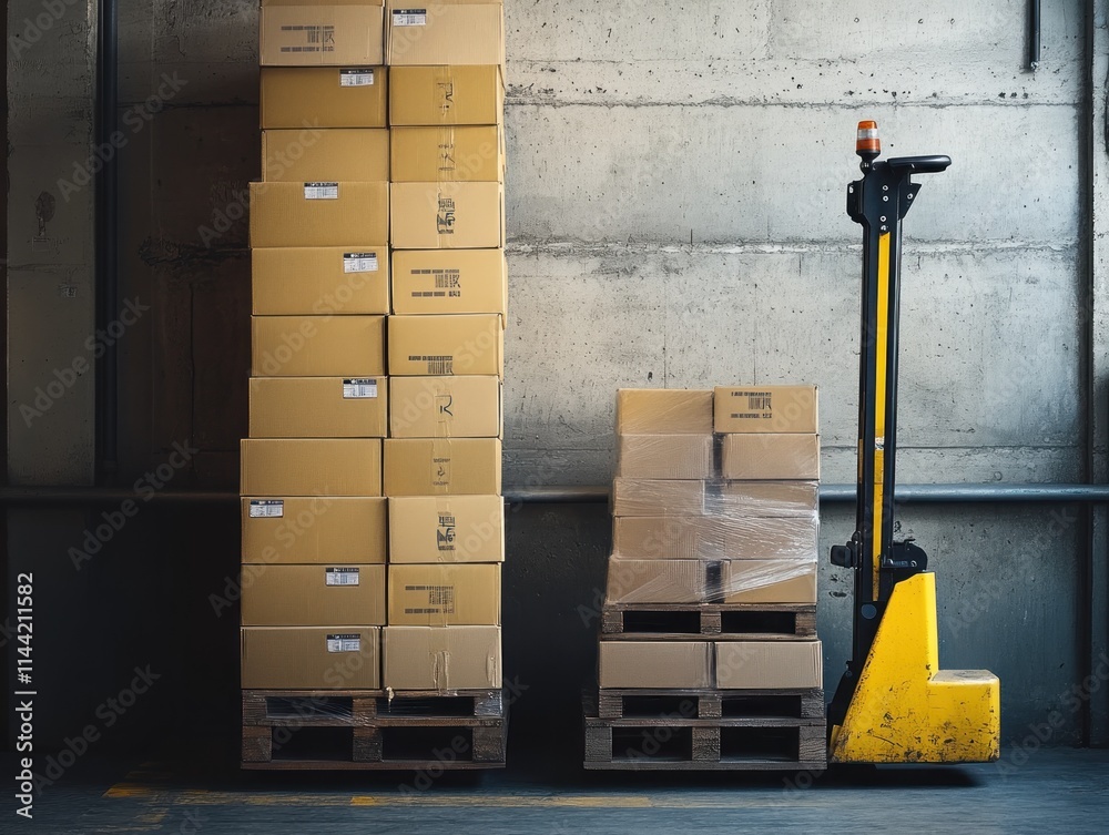 Poster stacked boxes on pallets and forklift.