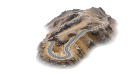 A scenic winding rural road through mountainous terrain, showcasing curves and rocky surroundings. Perfect for travel, adventure, or nature-themed designs.

