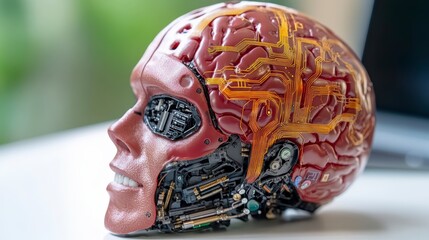 A futuristic robotic skull featuring intricate circuitry and a metallic finish, blending organic and technological elements.