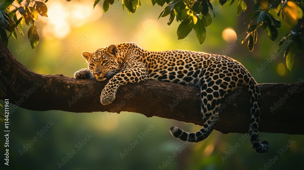 Poster Leopard rests on a tree branch at golden hour.