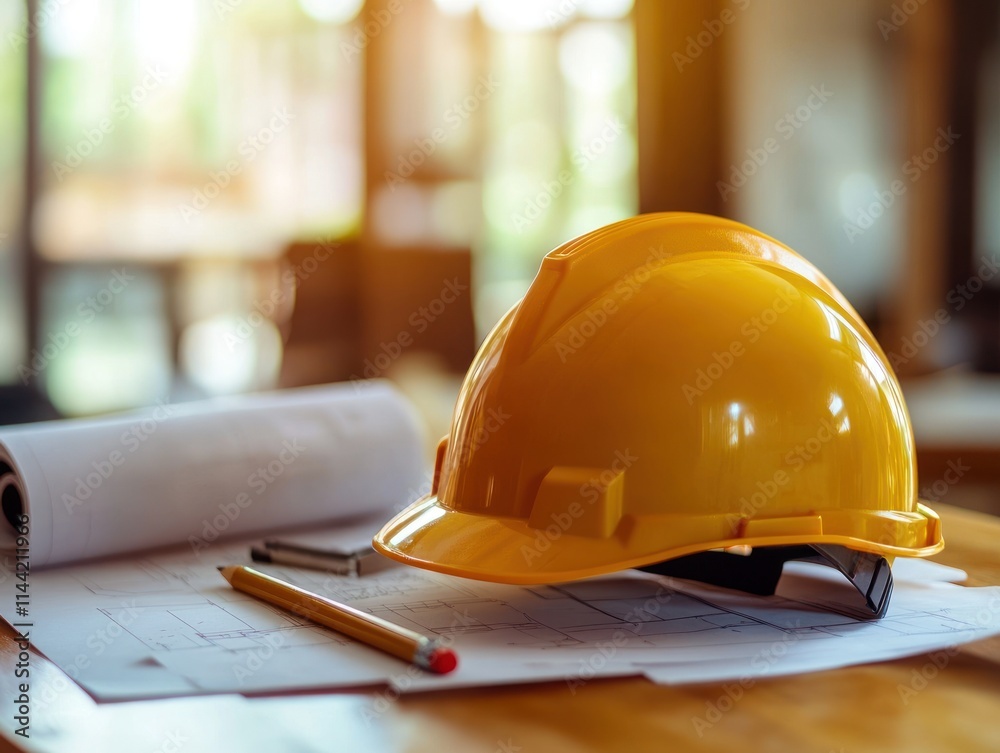 Poster hardhat, pencil and blueprints on a wooden table.