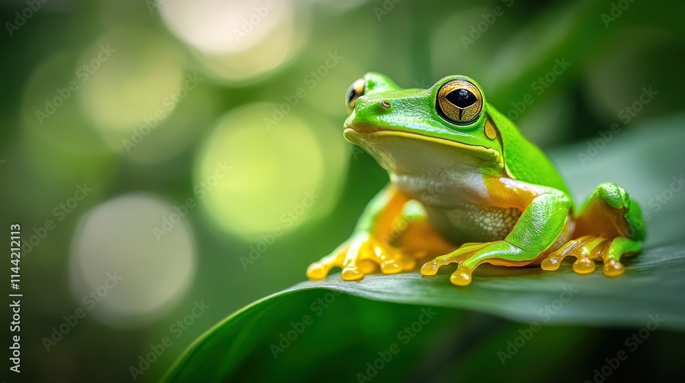 Aufkleber bright green tree frog resting on leaf with blurred background.