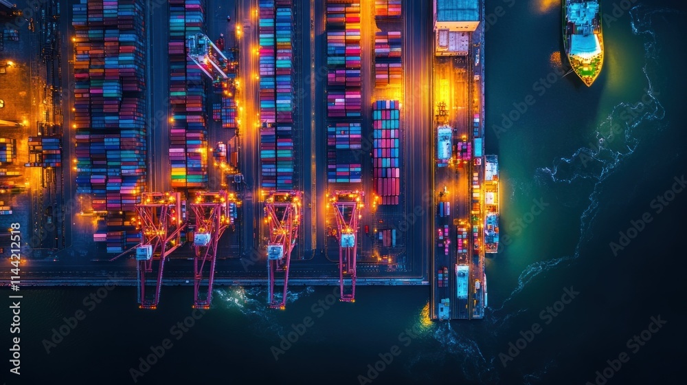 Poster aerial view of port at night with cargo containers and cranes.