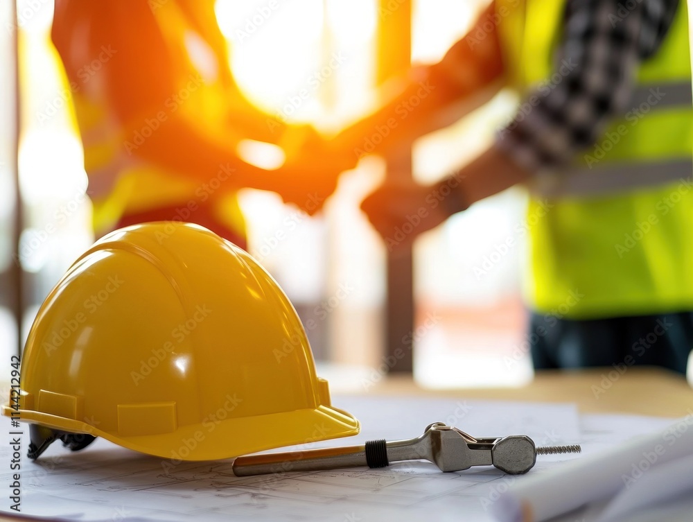 Poster two workers handshake with hardhat and blueprint.