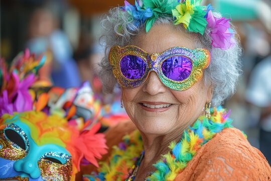  funny smiling elderly woman at daytime Mardi Gras festival