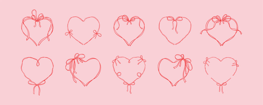 Valentines day elegant greeting card template. Cute line art hand drawn bow ribbon heart frame. Romantic love drawing. Coquette, flirtation, girly concept. Menu, wedding, Birthday invitation design