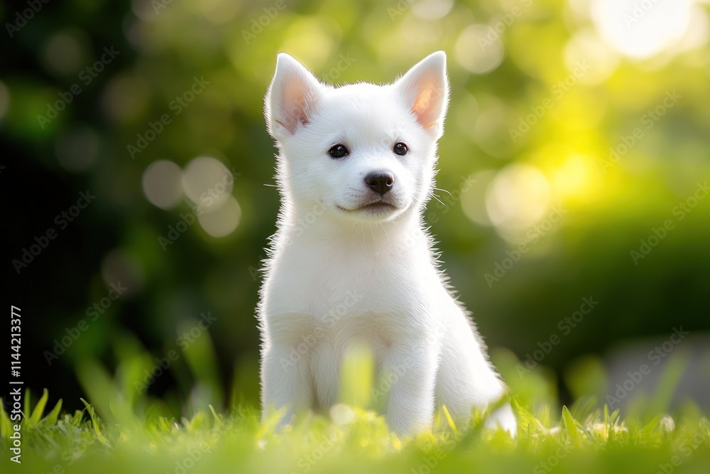 Poster White puppy sits in grass with bokeh background.