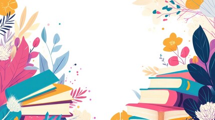 Colorful Illustration of Books Surrounded by Vibrant Flowers and Leaves, Ideal for Educational or Literary Themes in Print or Digital Media
