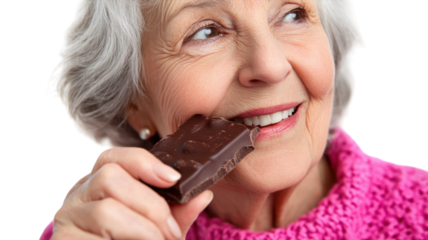 A Senior Woman Enjoying a Delicious Piece of Dark Chocolate, Perfect for Promotions on Healthy Snacking and Indulgence for Elderly Wellness.