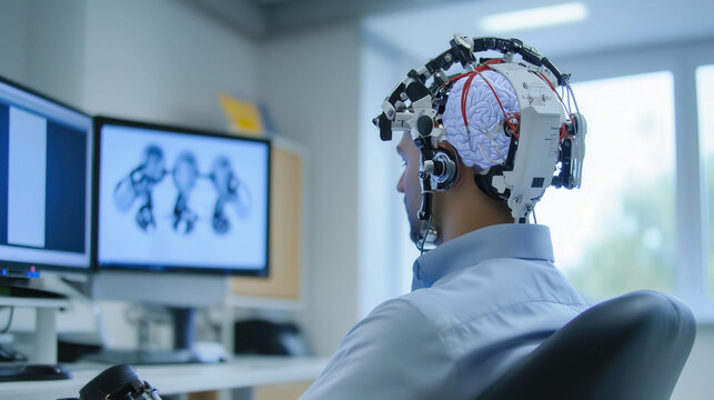 Brainwave scanning device showing 3d brain model on computer screen