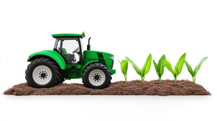 Obraz premium A green toy tractor next to young corn plants in soil, illustrating farming and agriculture themes.
