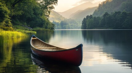 Obraz premium A peaceful red canoe floats on calm water reflecting lush green trees and majestic mountains in the morning light.