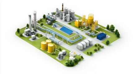 Obraz premium A detailed illustration of an industrial facility, featuring various structures, tanks, and green spaces, representing modern manufacturing and processing.