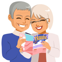 Fototapeta premium Vector illustration of senior couple reading travel guidebook planning trip destination. Active pensioner married people enjoying preparing vacation