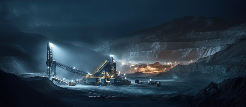 Nighttime view of an illuminated mining operation with heavy machinery.