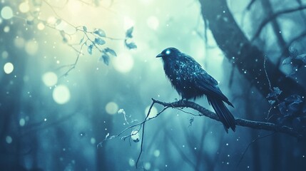 Obraz premium Mystical crow perched on branch in a winter forest.