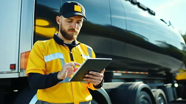 Standing next to a large fuel tanker, a fleet supervisor inputs data on his tablet while ensuring compliance with safety regulations.