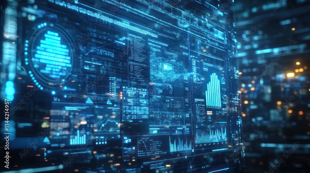 Poster Glowing blue futuristic data interface with charts and graphs in depth.
