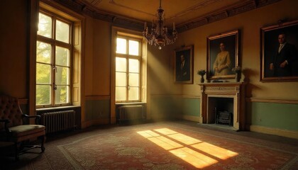 Fototapeta premium Classic interior with tall windows, hardwood floor, and fireplace, featuring historic portraits and warm natural light atmosphere.