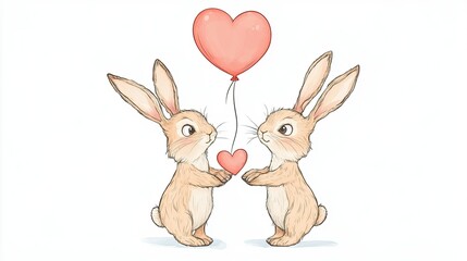 Obraz premium Cute and Playful Rabbits Holding a Heart-Shaped Balloon in a Romantic Illustration for Valentine's Day, Sweet and Charming Cartoon Style Perfect for Celebrations