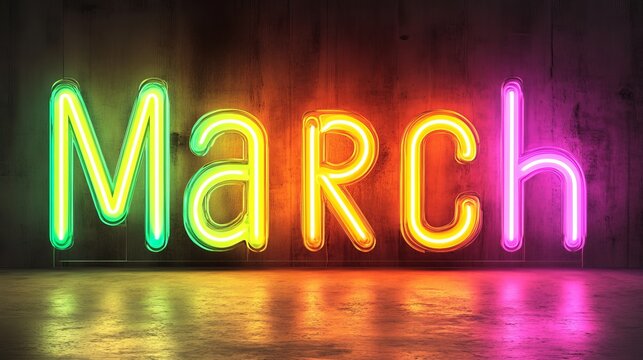 Vibrant Neon Sign Spelling March in Green, Yellow, Orange, and Pink Against a Dark Background