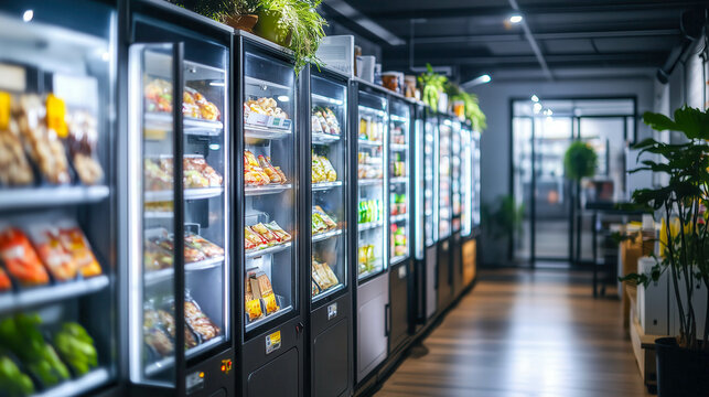 Row of smart refrigerated vending machines selling fresh food and drinks in modern office interior