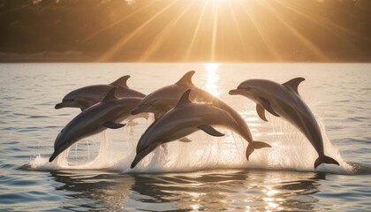 Fototapeta premium Group of dolphins leaping near beach at sunrise, calm water, playful scene.