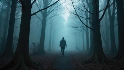 Person walking alone down forest pathway at twilight, surrounded by fog and dark silhouette trees.