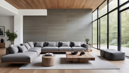 Modern living room with gray L-shaped sofa, minimalist decor, and warm wood floor, bathed in natural light.