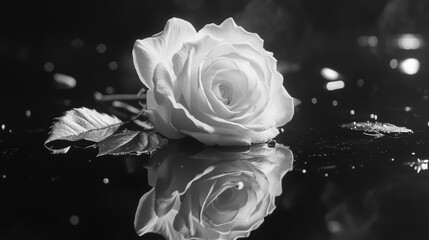 A single white rose lying on a reflective black surface, the petals softly illuminated, creating a mirrored effect.