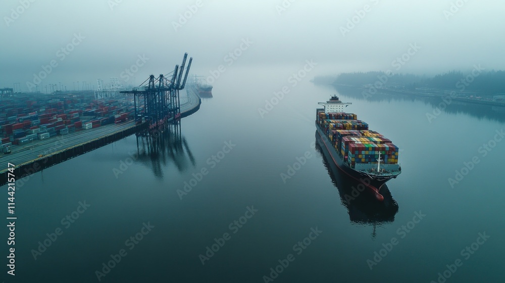Poster container ship in misty channel.