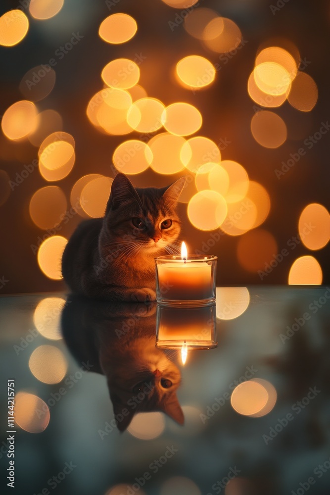 Poster cat with candle on mirror, bokeh background.