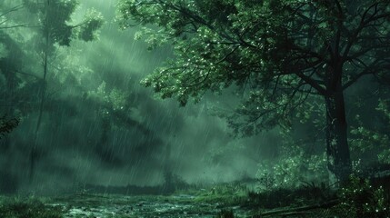 Fototapeta premium Forest Rain. Dark Summer Landscape with Green Ground and Misty Fog