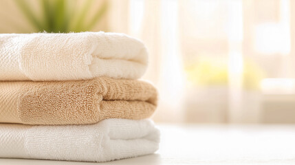Freshly laundered towels in neutral tones, set against a softly lit interior, clean and cozy atmosphere