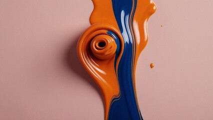 A vibrant orange and deep blue nail polish swirl together on a soft pink background, creating a mesmerizing abstract design.