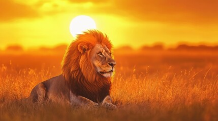 Majestic Lion Resting in Golden Grassland Under Vibrant Sunset with Soft Orange and Yellow Hues Illuminating the Savanna Landscape