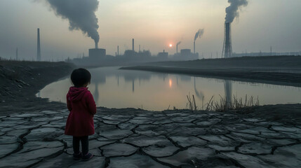 Little girl observing polluting industries at sunset reflecting in a river