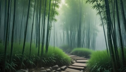 Tranquil bamboo forest at sunrise or sunset with winding pathway through misty atmosphere and lush greenery.