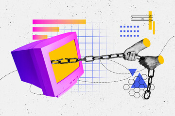 Creative trend artwork design 3D collage sketch of computer monitor technology online internet...